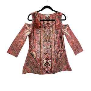 LIVE AND LET LIVE Womens Small Paisley Cold Shoulder Top Boho Stretch 3/4 Sleeve